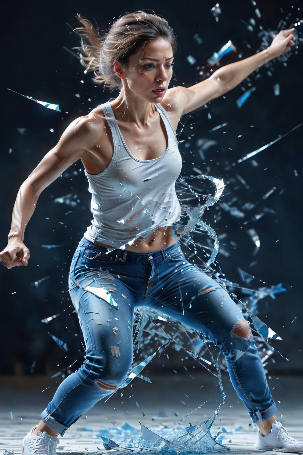 hyperrealism, masterpiece, a beautiful woman shattering glasslike surface, determined face, teared tanktop and short jeans, other dimension, running pose