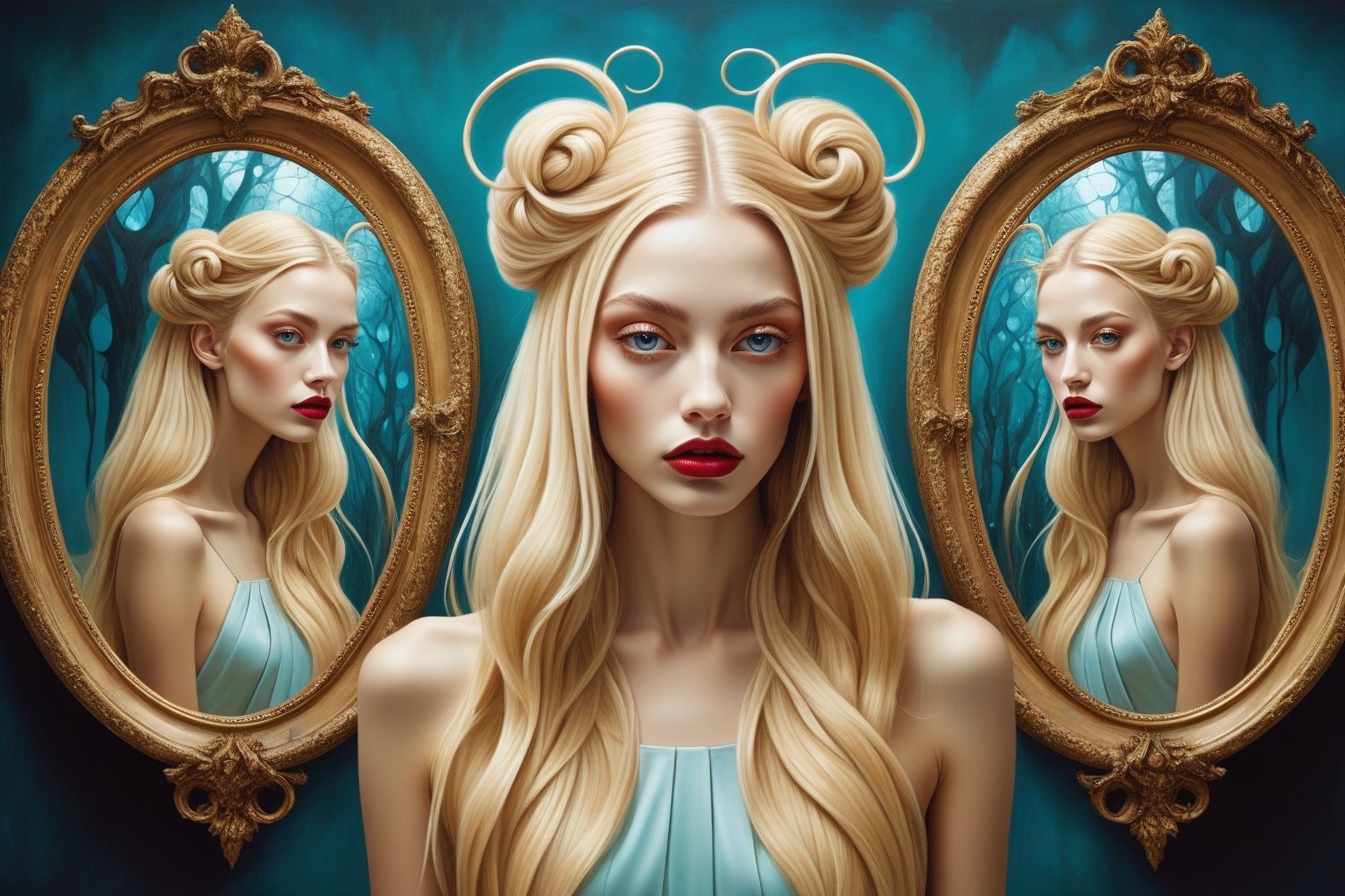 Neo-surrealism, whimsical art, fantasy, magical realism, bizarre art, pop-surrealism, inspired by Remedios Val. Depicts multiple twisted mirrors and a beautiful blonde long hair fashion woman.
