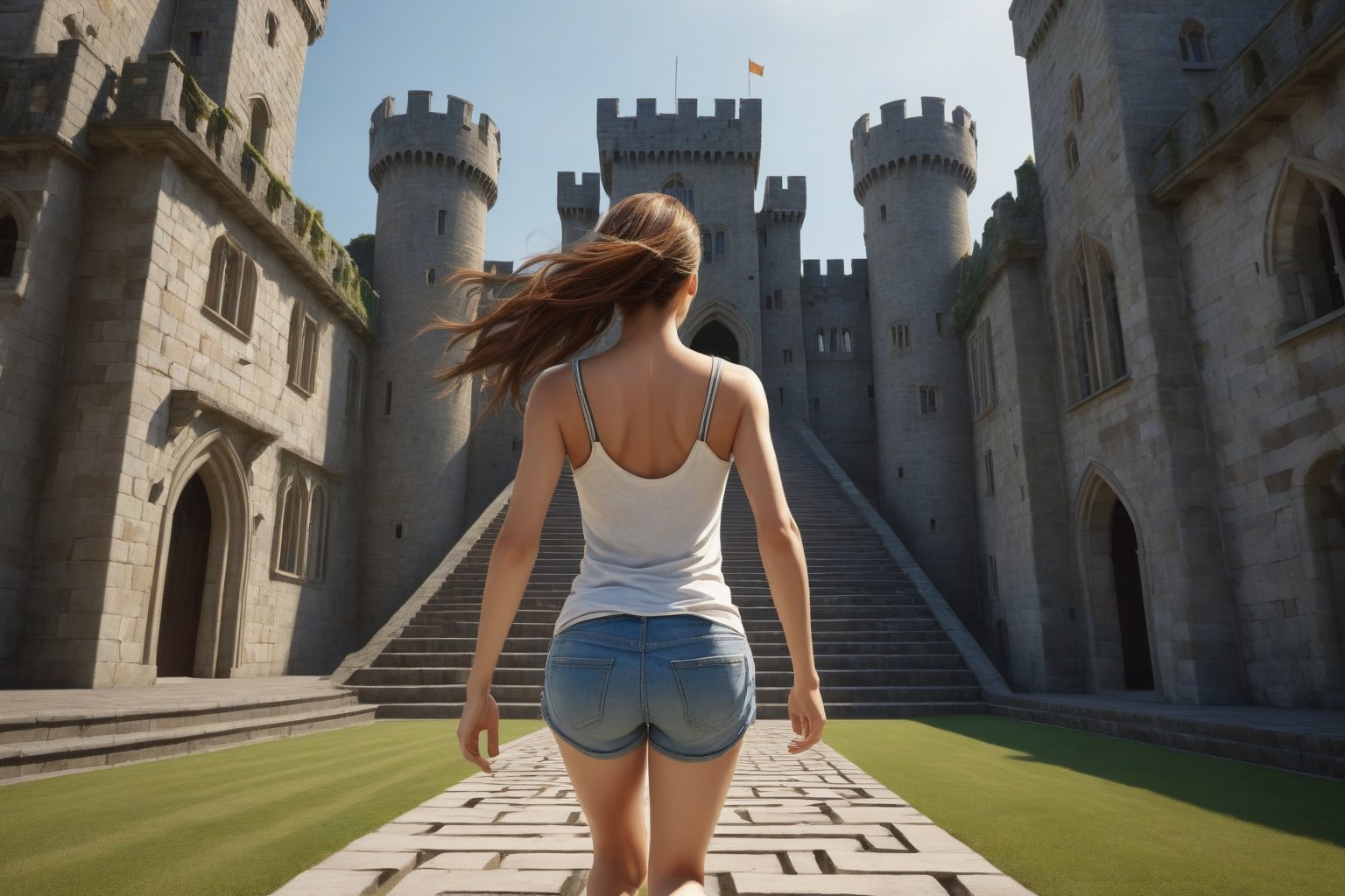 e. s. esher art style, infinite stair castle, masterpiece, a beautiful woman running, determined face, teared tanktop and short jeans,DonM0ccul7Ru57XL,extrusionbuilding