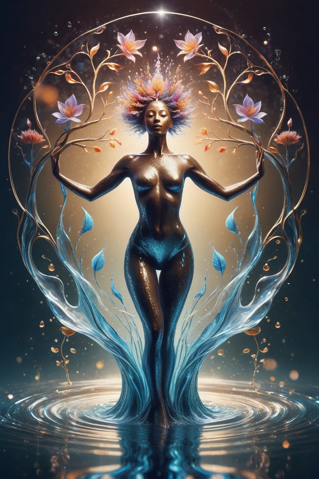 a godess with flower and tree, tranforming from liquid matter and glass to living woman, human upperbody  and glass underbody, surrealism aura, charismatic dancing pose, flowing water lines elements