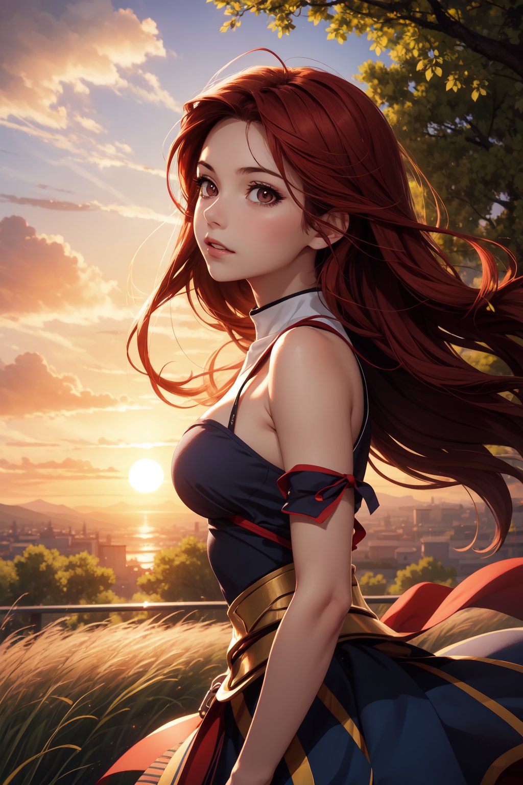 beautiful landscape, sunset, plain, girl watching at sunset, beautiful clouds, beautiful sky, detailed image, beautiful trees, perfect use of light, ballad lighting, wind. Detailed, as a fate stay bight saber anime.