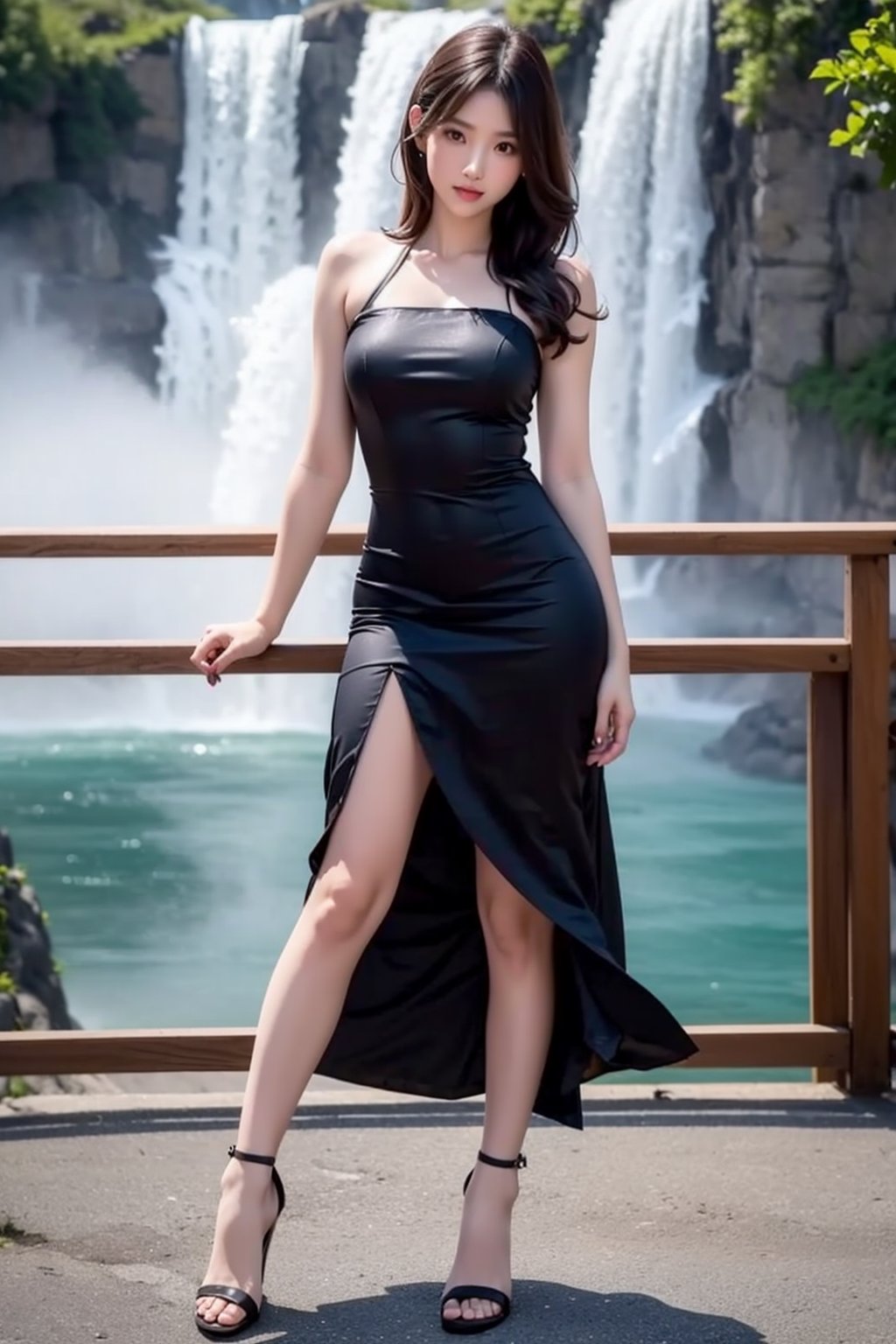 (masterpiece), realistic, image of a Japanese female, high quality, 8K Ultra HD, photorealistic has a fully detailed mature face, Realistically not Ai, 36D, NATURAL, charming, detailed face, a sweet girl wearing a sexy dress, with long legs and high heels. Nearing Niagara Falls.