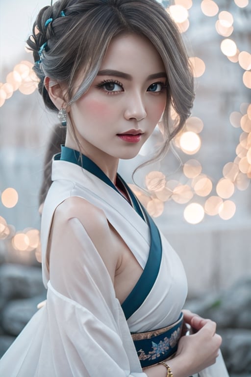 (Masterpiece, Top Quality, Best Quality, Official Art, Beauty and Aesthetics),, Cute, Extremely Detailed, Abstract, Fractal Art, Silver Hair, Destiny Series, Colorful, Most Detailed, Lightning, Jewelry, Hanfu,, landscape.,realhands,blurry_light_background