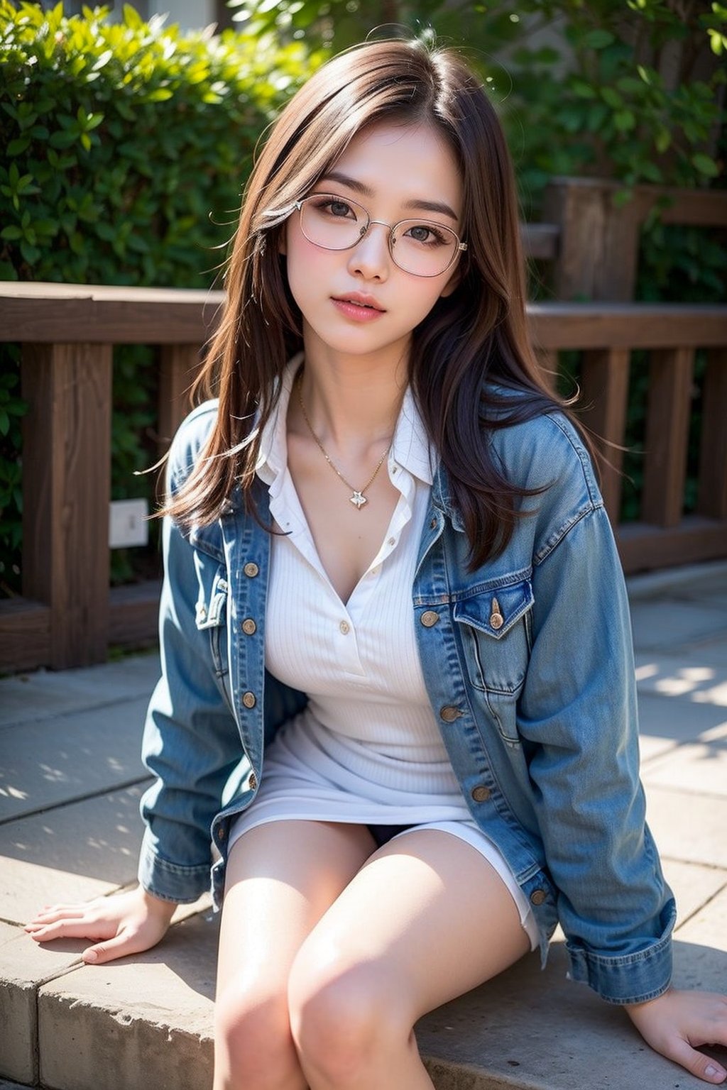 1girl, solo, long hair, looking at the viewer, brown hair, shirt, long sleeves, brown eyes, sitting, white shirt, outdoors, glasses, realistic, the image of a Japanese female, high quality, 8K Ultra HD, photorealistic has a fully detailed mature face, Realistically not Ai, 36D, NATURAL, charming, detailed face, a sweet girl wearing a sexy dress with jeans jacket, with long legs and stocking and wearing a face mask, sexy pose and clothing.