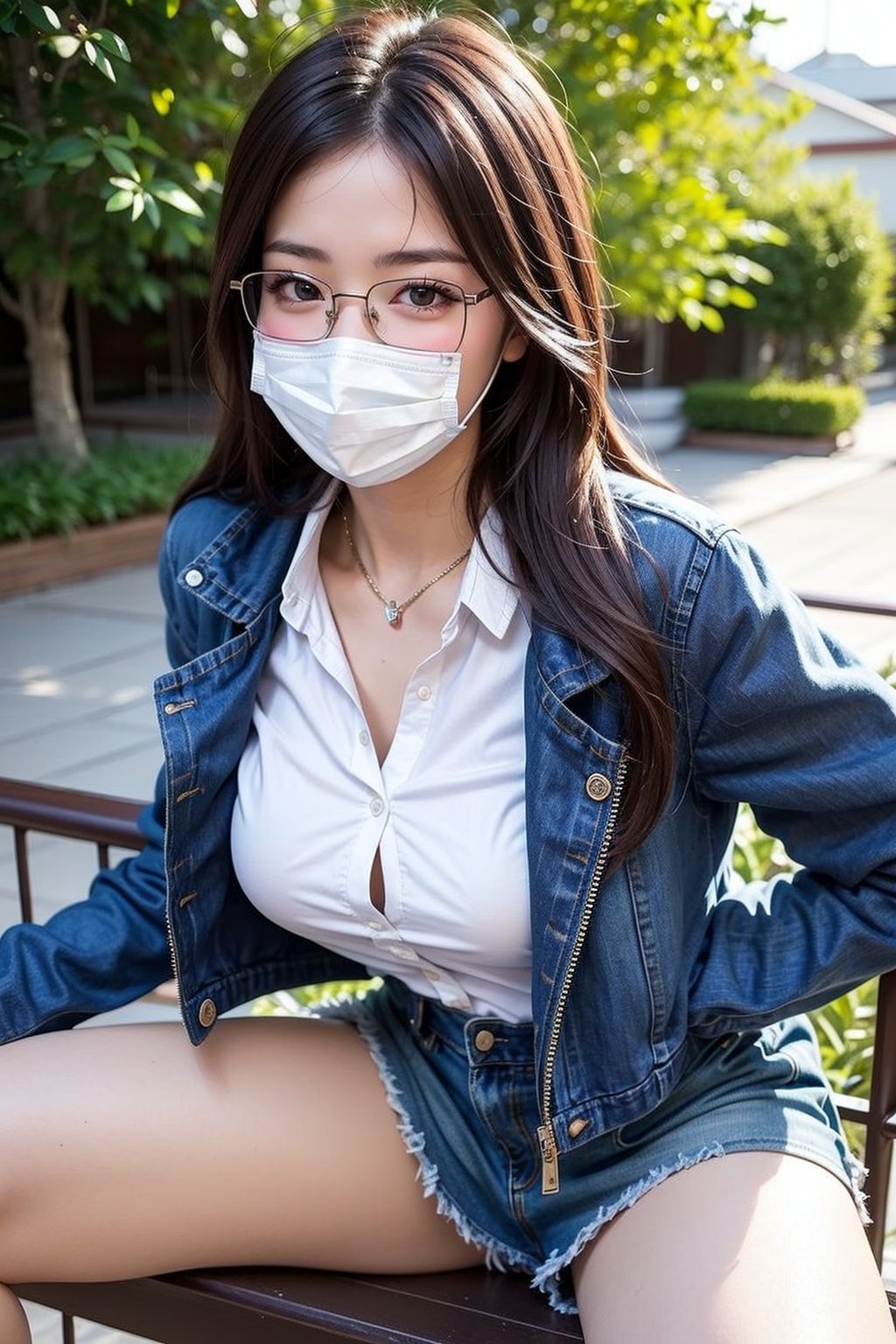 1girl, solo, long hair, looking at the viewer, brown hair, shirt, long sleeves, brown eyes, sitting, white shirt, outdoors, glasses, realistic, the image of a Japanese female, high quality, 8K Ultra HD, photorealistic has a fully detailed mature face, Realistically not Ai, 36D, NATURAL, charming, detailed face, a teacher wearing a sexy dress with jeans jacket, with long legs and stocking and wearing a face mask, sexy pose.