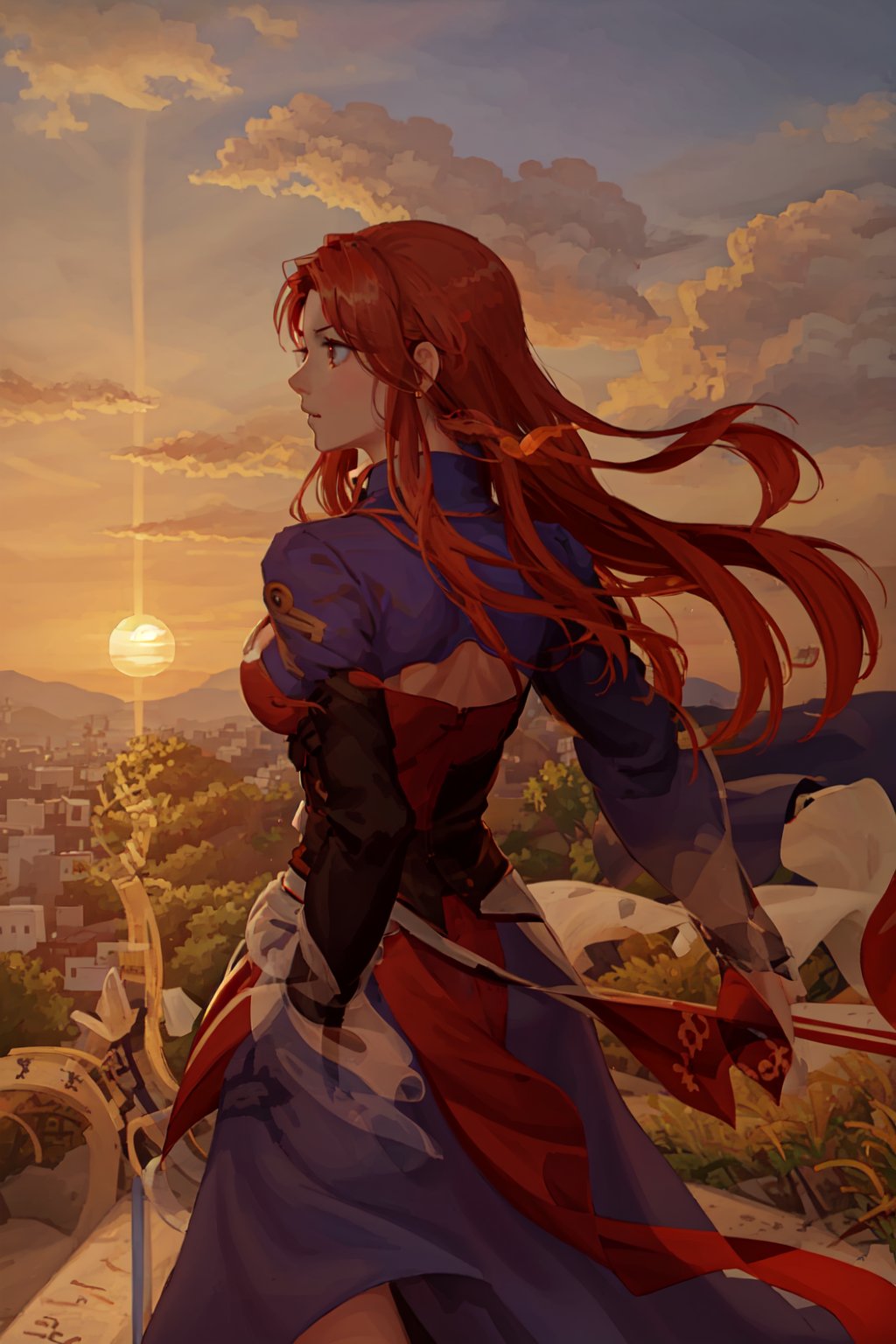 beautiful landscape, sunset, plain, girl watching at sunset, beautiful clouds, beautiful sky, detailed image, beautiful trees, stunning image, perfect use of light, ballad lighting, wind. Detailed, Fate stay night saber.