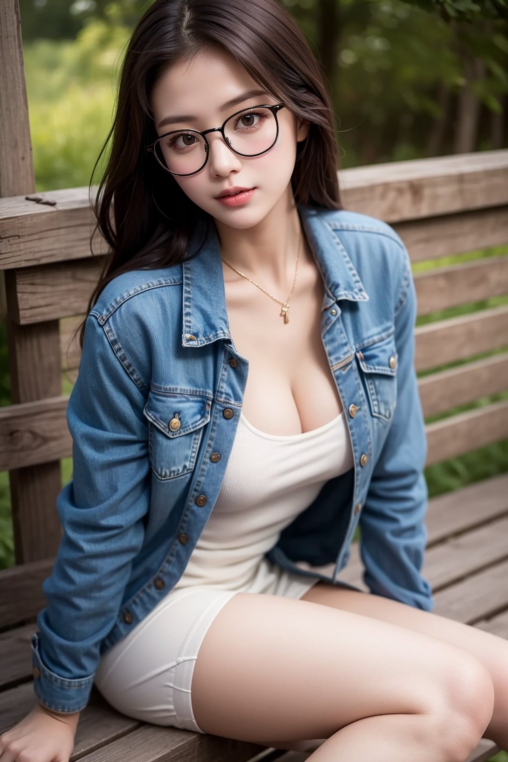 1girl, solo, long hair, looking at the viewer, brown hair, shirt, long sleeves, brown eyes, sitting, white shirt, outdoors, glasses, realistic, the image of a Japanese female, high quality, 8K Ultra HD, photorealistic has a fully detailed mature face, Realistically not Ai, 36D, NATURAL, charming, detailed face, a sweet girl wearing a sexy dress with jeans jacket, with long legs and stocking and wearing a face mask, sexy pose and clothing.