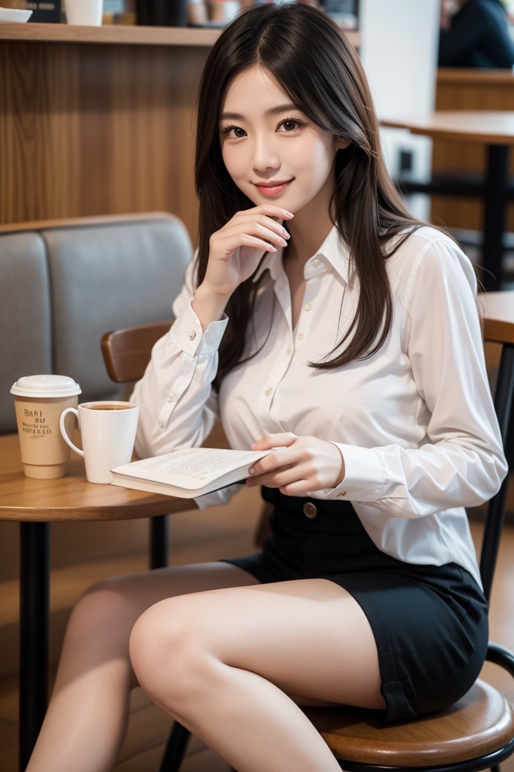 (masterpiece),  realistic,  image of a Japanese female, high quality,  8K Ultra HD,  photorealistic has a fully detailed mature face,  Realistically not Ai,  36D, NATURAL,  charming,  detailed face, 170cm height, high heels as a sexy wife, is looking book in the cafe,1 girl, beautiful Korean girl, wearing white collared long sleeve shirts, short pants, smile, drinking coffee and seeing book in the cafe.,solo