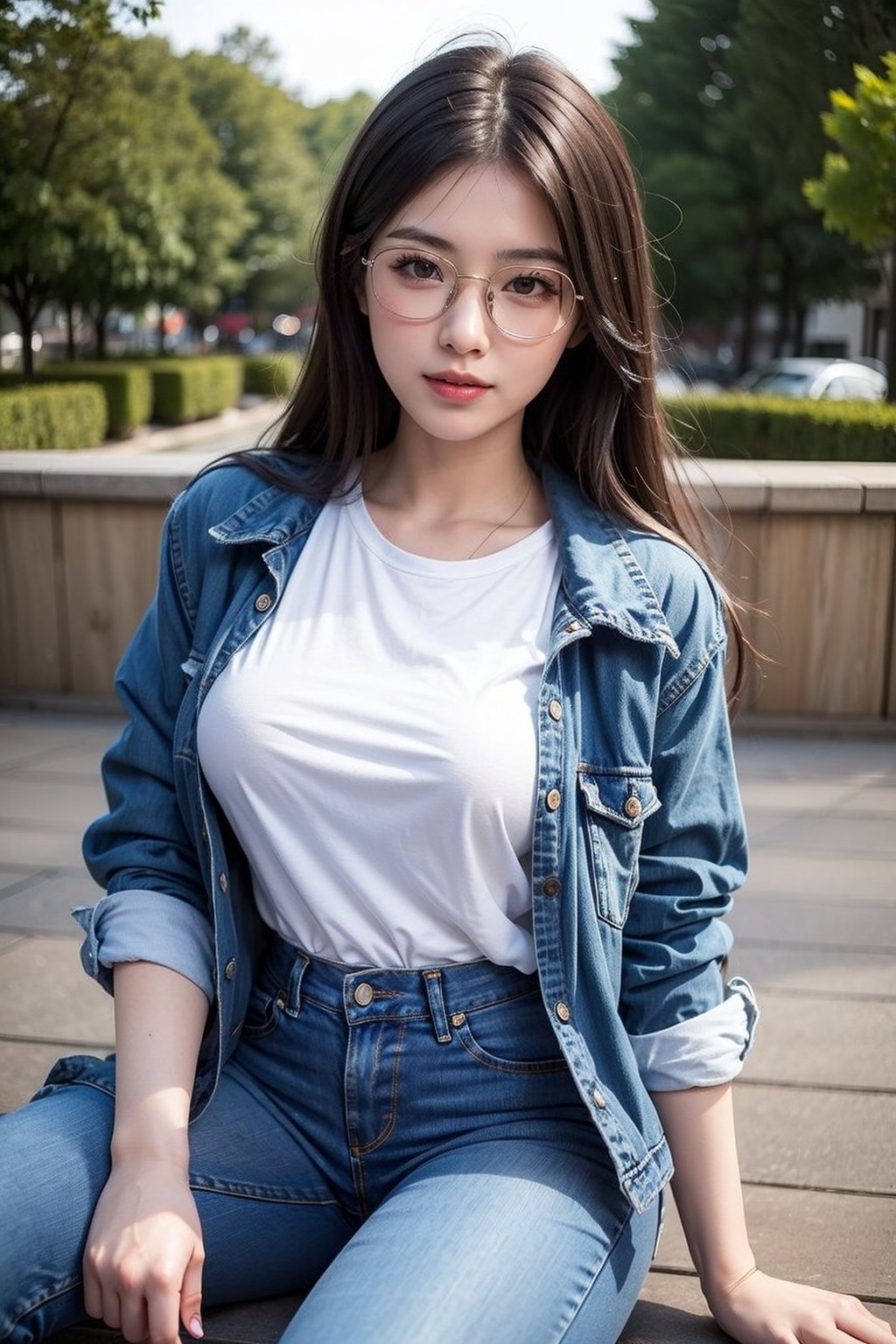 1girl, solo, long hair, looking at the viewer, brown hair, shirt, long sleeves, brown eyes, sitting, white shirt, outdoors, glasses, realistic, the image of a Japanese female, high quality, 8K Ultra HD, photorealistic has a fully detailed mature face, Realistically not Ai, 36D, NATURAL, charming, detailed face, a teacher wearing a sexy dress with jeans jacket, with long legs and stocking and wearing a face mask, sexy pose.