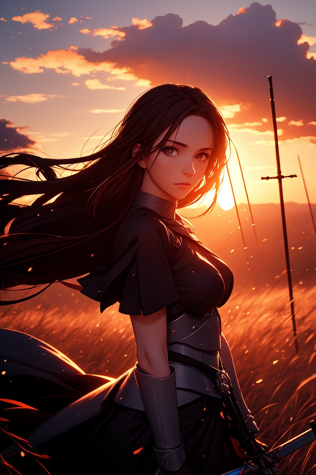 beautiful landscape, sunset, plain, girl watching at sunset, beautiful clouds, beautiful sky, detailed image, beautiful trees, perfect use of light, ballad lighting, wind. Detailed, as a fate stay night saber anime.