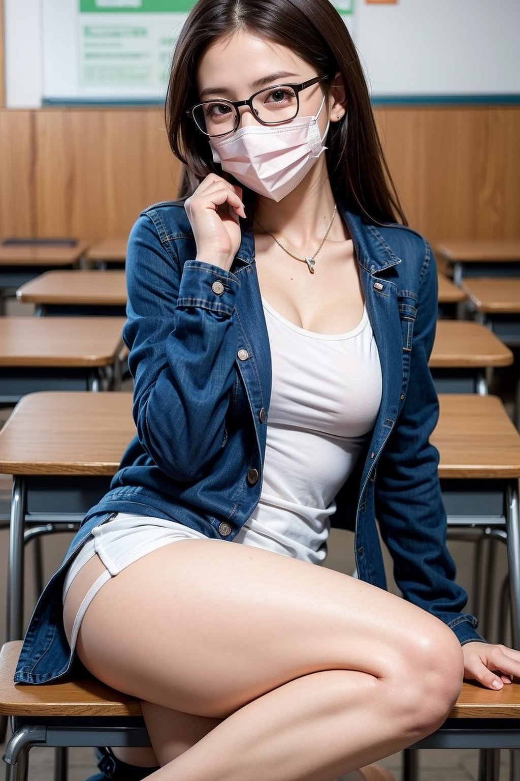 1girl, solo, long hair, looking at the viewer, brown hair, shirt, long sleeves, brown eyes, sitting, white shirt, outdoors, glasses, realistic, the image of a Japanese female, high quality, 8K Ultra HD, photorealistic has a fully detailed mature face, Realistically not Ai, 36D, NATURAL, charming, detailed face, a teacher wearing a sexy dress with jeans jacket, with long legs and stocking and wearing a face mask, sexy pose in classroom.