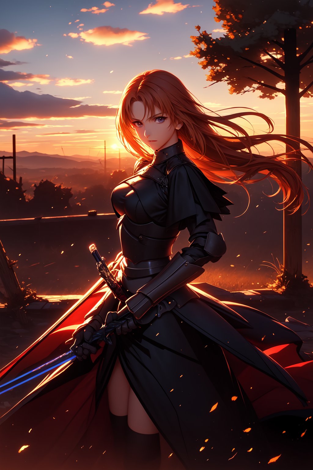 beautiful landscape, sunset, in ruins as a Fate stay night saber anime. Beautiful clouds, beautiful sky, detailed image, beautiful trees, perfect use of light, ballad lighting, wind. Detailed, 