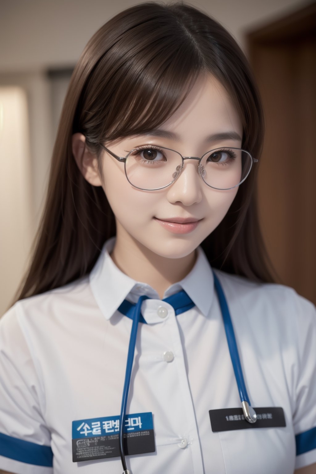 (masterpiece),  realistic, image of a Japanese female, high quality,  8K Ultra HD,  photorealistic has a fully detailed mature face,  Realistically not Ai,  36D, NATURAL,  charming,  detailed face, 170cm height, high heels as a sexy wife 1 girl, beautiful Korean girl, smile, wearing sexy, glasses, cosplay NURSE in the hospital on operation table.