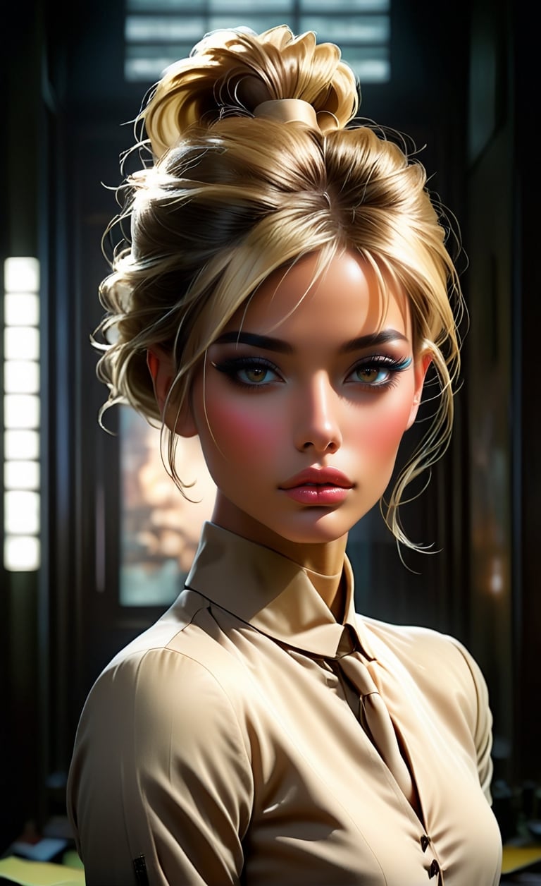 Create an original concept art of a blond sexy teasing ponytail female character, wearing a beige business suit, inspired by the thriller genre. Employ a blend of natural and volumetric lighting to accentuate the intricate, complex design, giving the piece a fantastical and maximalist feel. The image should convey a sense of mystery and sophistication, matching the quality of an 8k resolution professional photograph