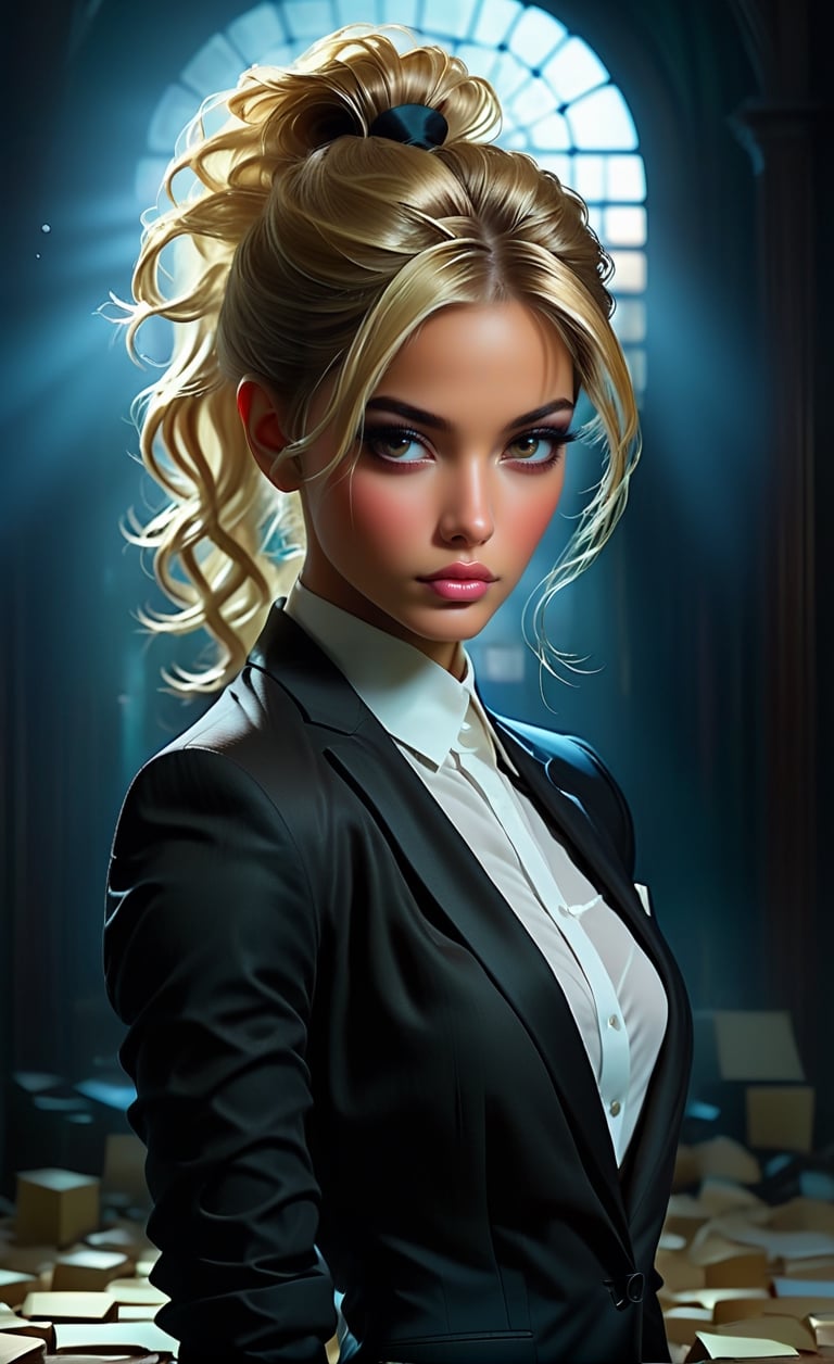 Create an original concept art of a blond sexy teasing ponytail female character, wearing a black male business suit, inspired by the thriller genre. Employ a blend of natural and volumetric lighting to accentuate the intricate, complex design, giving the piece a fantastical and maximalist feel. The image should convey a sense of mystery and sophistication, matching the quality of an 8k resolution professional photograph