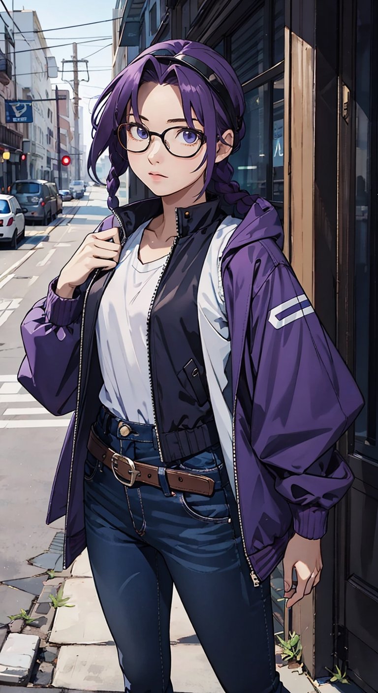 ((masterpiece)), (best quality), expressive eyes, blue eyes, a (young adult) tall woman in her 20s with a slender and athletic figure with small chest, dark purple hair, multi_tone_hair, (dark-purple cyber jacket), with crisp white vest with small belts, and dark blue jeans and slim glasses, hair tied in a short (braided) that hangs behind her head, parted bangs in the middle so that they frame the face on either side, narrow eyes and neutral look, intj, (solo), full body shot,edward_elric