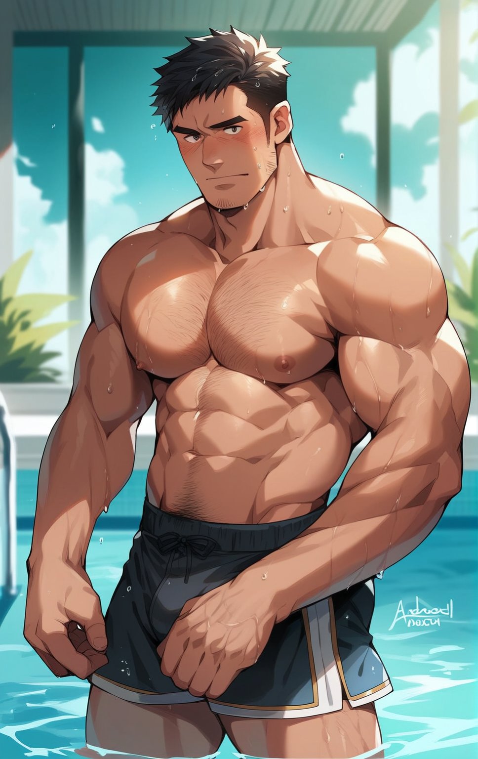 score_9,score_8_up,score_7_up,score_6_up, source_anime ,masterpiece, best quality, dynamic pose, shaded, detailed face, detailed shading, detailed skin, perfect hands, perfect face, perfect anatomy, countershading:1.1, manly, muscular male standing on the pool outdoors under the sunlight, 1boy, male focus, facial hair, solo, ((muscular)), wet, short hair, chest hair, pectorals, mature male, old man, looking at viewer, blush, eyebrows, swim trunks, large pectorals, black hair, wet hair, cowboy shot, gadoart,bara