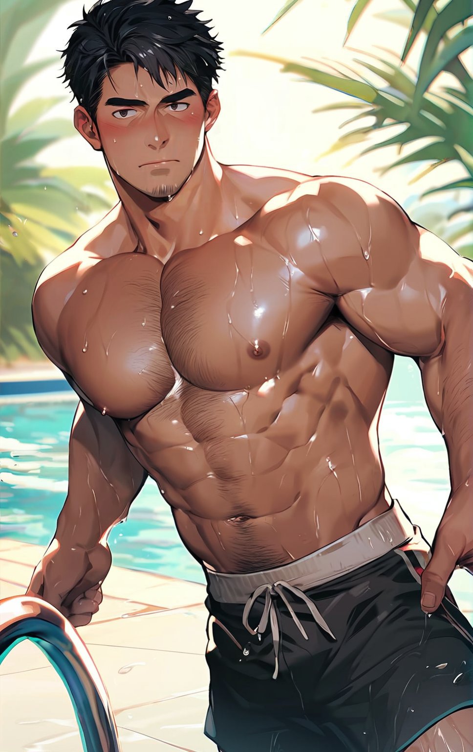 score_9,score_8_up,score_7_up,score_6_up, source_anime ,masterpiece, best quality, dynamic pose, shaded, detailed face, detailed shading, detailed skin, shaded skin, perfect hands, perfect face, perfect anatomy, countershading:1.1, manly, muscular male standing on the pool outdoors under the sunlight, 1boy, male focus, facial hair, solo, (muscular male), wet, short hair, chest hair, pectorals, mature male, older_male, looking at viewer, blush, eyebrows, swim trunks, large pectorals, black hair, wet hair, cowboy shot, gadoart,bara