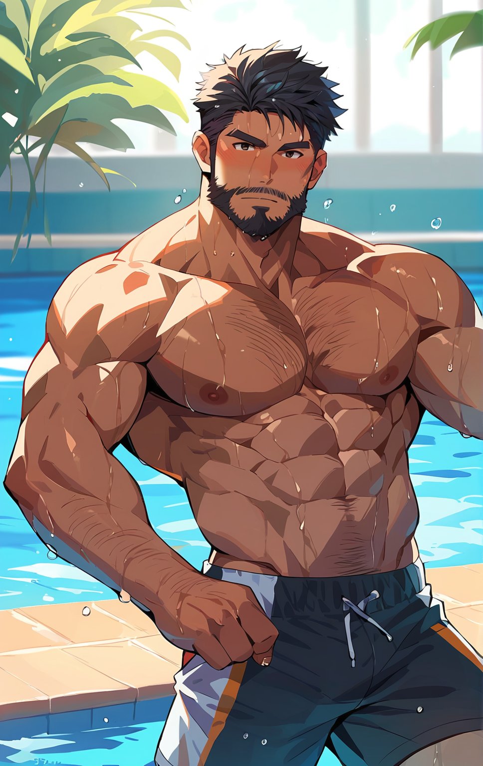 score_9,score_8_up,score_7_up,score_6_up, masterpiece, best quality, dynamic pose, shaded, detailed face, detailed shading, detailed skin, shaded skin, realistic shading, perfect hands, perfect face, perfect anatomy, countershading:1.1, manly, muscular male standing on the pool outdoors under the sunlight, 1boy, male focus, facial hair, solo, beard, (muscular male), wet, short hair, chest hair, pectorals, mature male, older_male, looking at viewer, blush, eyebrows, swim trunks, large pectorals, black hair, wet hair, cowboy shot, gadoart