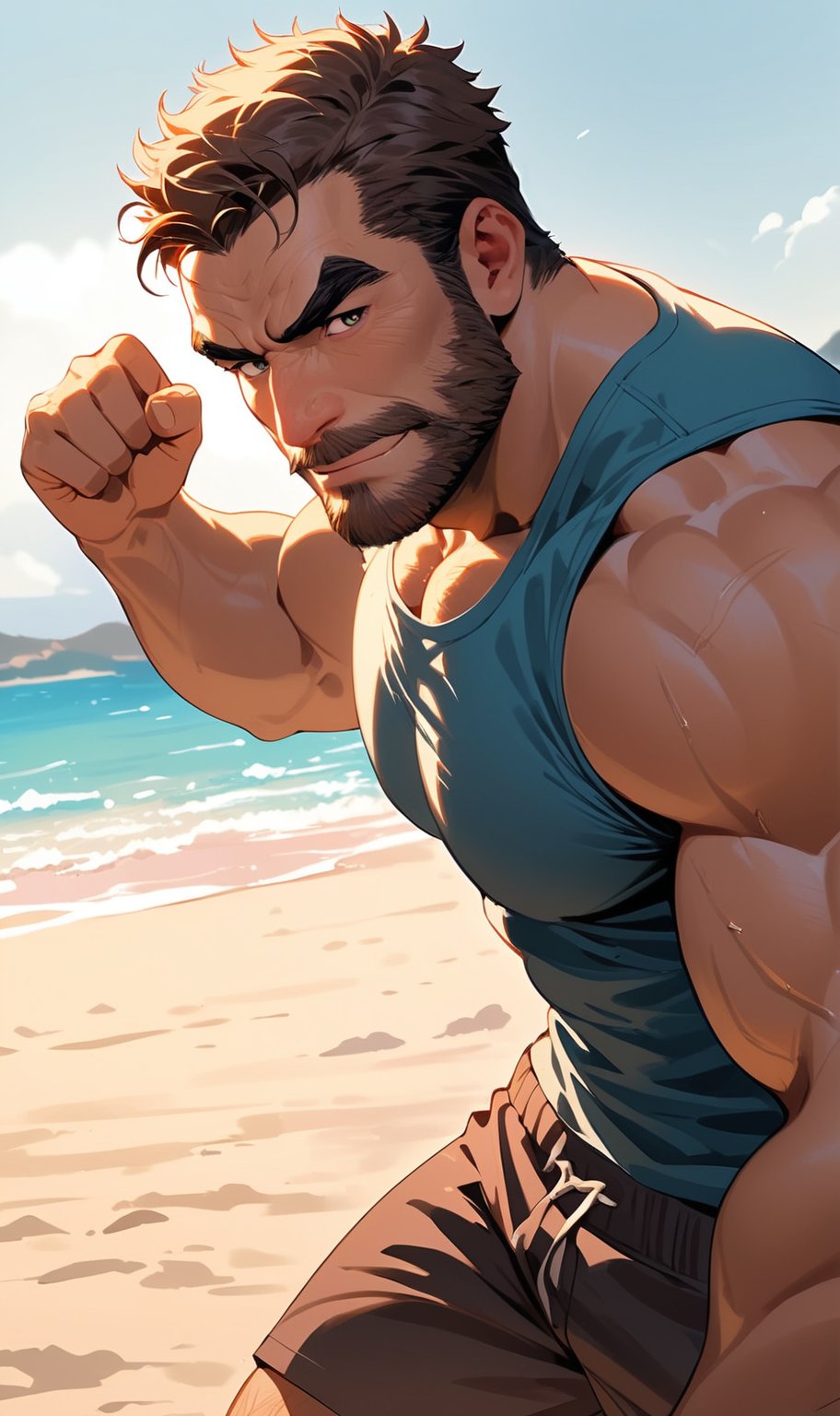 (top quality), concept art, (masterpiece), aesthetic, a rugged, older male, natural skin tone, bara, chiseled facial features, thick eyebrows, (muscular), (detailed muscles), pectorals, muscular arms, outdoor, beach, wearing trunks and tank top, warm light, two-tone hair, facial_hair, skin details, vibrant colors, cinematic shot, hairy body, diffused lighting, perfect anatomy, perfect fingers, depth of field, simple reflections, warm tint, digital artwork, soft lines, contour shadows, realistic shading, smiling, detailed facial expression, dynamic pose