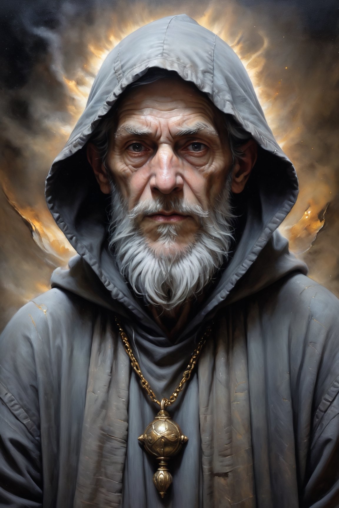  a masterpiece, hyper-realistic oil painting, dark cinematic  lighting, In the dimly lit scene, an aged wizard emerges from the depths of a hoody, his face partially obscured by shadows. This evocative painting captures the wizard's weathered features, hinting at a lifetime of knowledge and arcane power. Wisps of silver-grey hair cascade from beneath his hood, framing a face lined with wisdom and experience, The carefully crafted brushstrokes convey a sense of mystery and mystique, emphasizing the wizard's enigmatic presence, This high-quality painting juxtaposes darkness with ethereal beauty, transporting viewers into a realm of ancient magic and unknown tales, golden ratio, 

 fr4z3tt4, more detail XL, Leonardo Style,