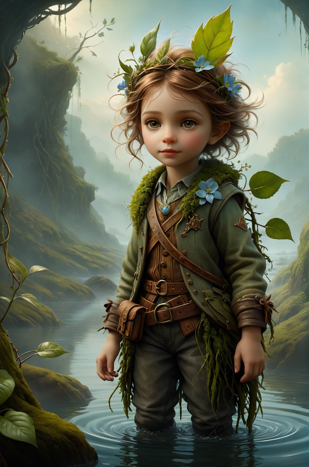 art by Mandy Disher, digital art 8k, Jean-Baptiste Monge style, art by cameron gray, masterpiece, best quality, high quality, extremely detailed CG unity 8k wallpaper, scenery, outdoors, sky, cloud, day,

water dryad, wet, vines, plants, moss, partially submerged, hyperrealistic, digital illustration, pale, cinematic lighting, cinematic concept art, octane render, deviantart artstation, 8k, HD,  

in the style of esao andrews, aesthetic portrait