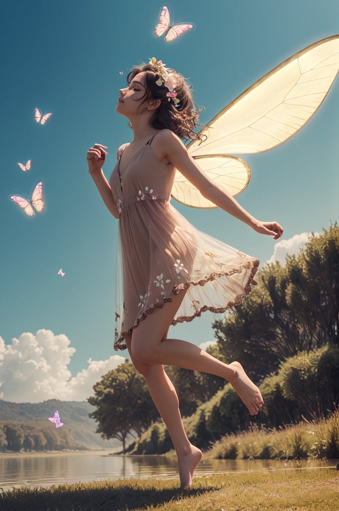 (1girl), fairy_wings, flower_hair_ornament, floral_dress, standing, one leg bent, levitation, look at the ground, light halo, brown light around, fractal, power, strength, flying butterflies, no background, transparent dress, light brown dress, cute, made up, side view , water source, eyes closed
