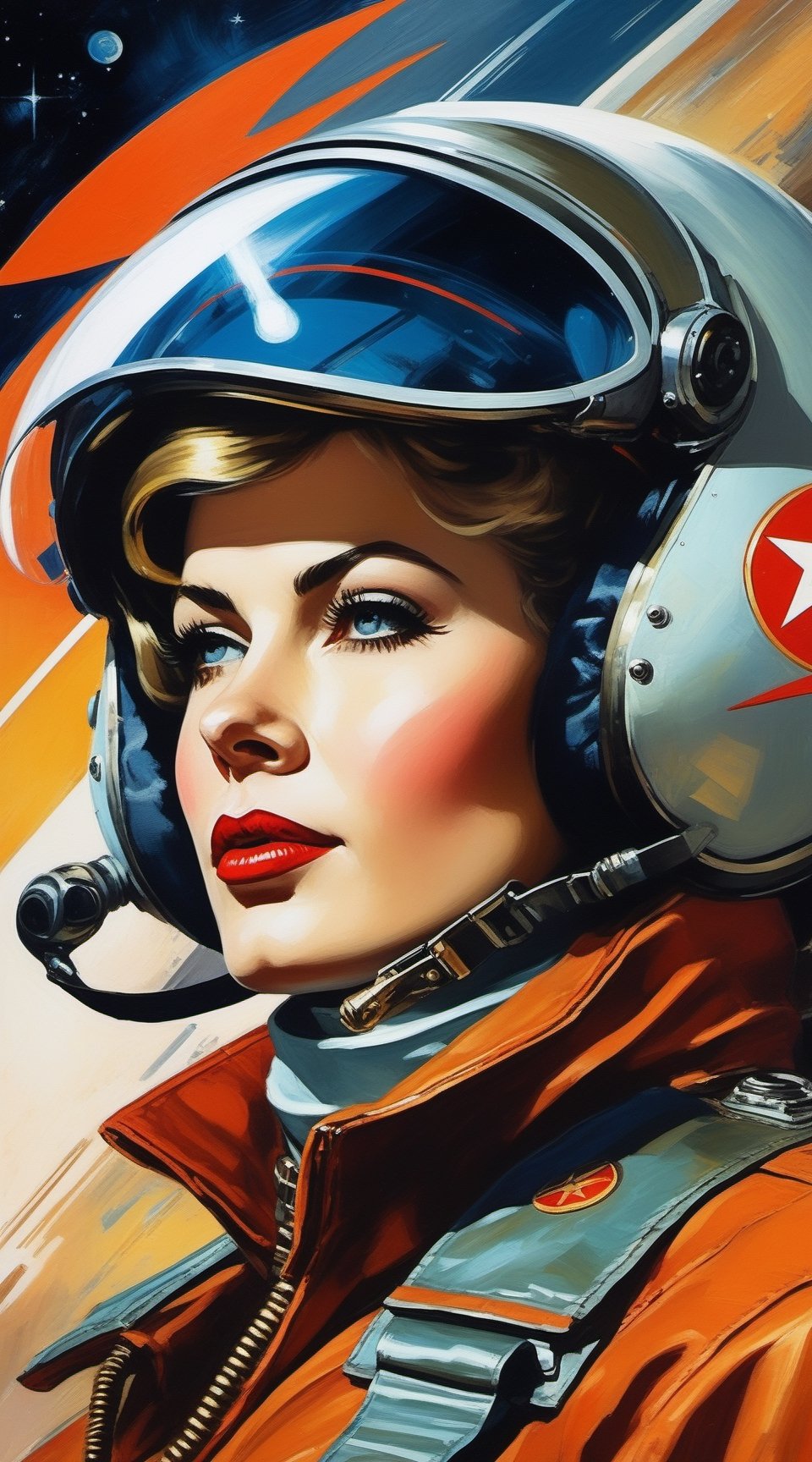 masterpiece, best quality, ultra high resolution, visually stunning, beautiful, award-winning art (abstract art: 1.3), beautiful, A very beautiful Russian soviet female communist punk pilot in the cockpit of a distant future space fighter, space fight, vintage sci-fi, 

more detail XL, detailmaster2