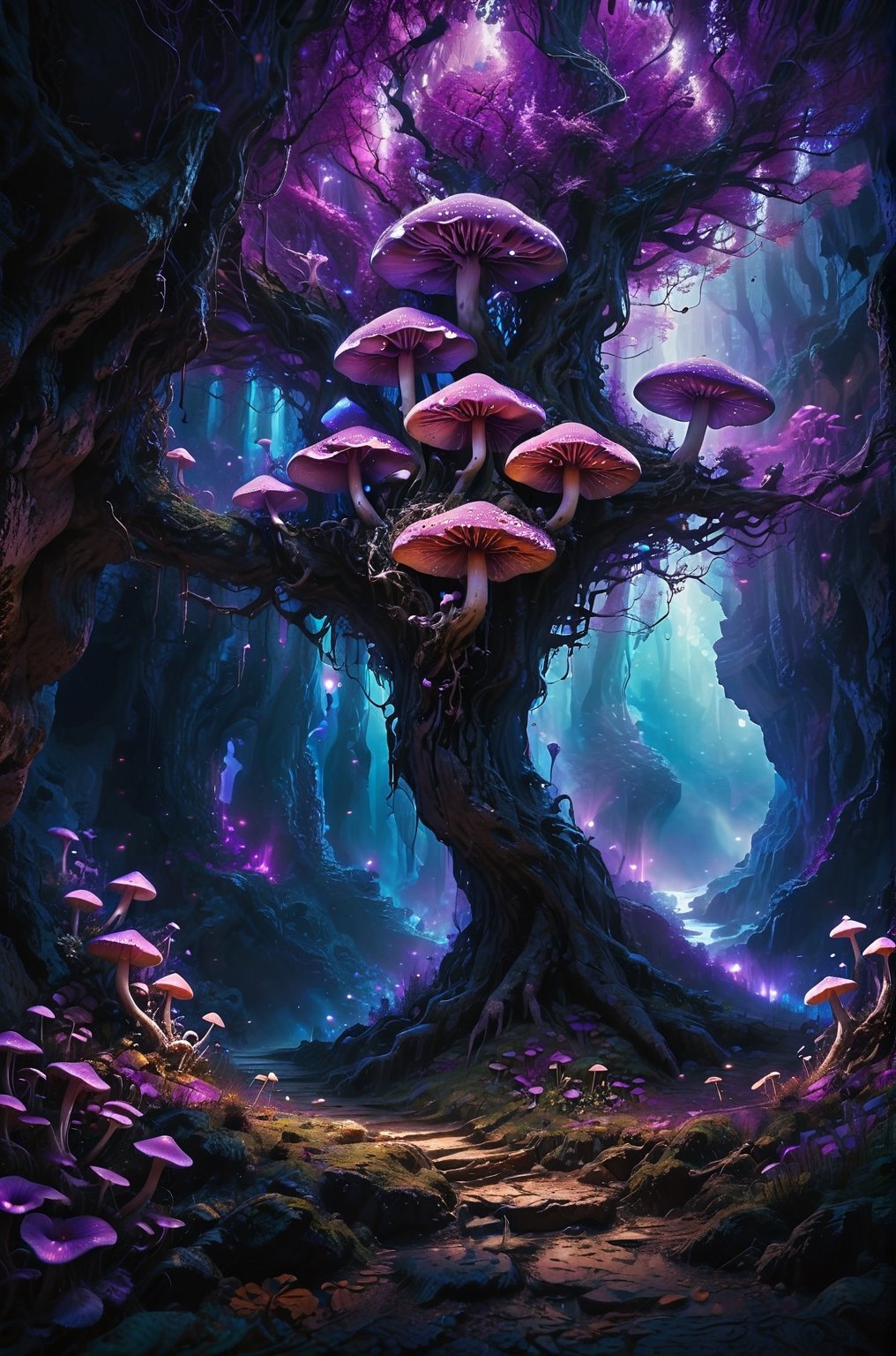 huge dark underground cave, Various purple mushrooms, a huge purple tree at the end of the cave, the roots spread all the way to the top, panoramic view, extremely high-resolution details, photographic, realism pushed to extreme, fine texture, incredibly lifelike perfect shadows, atmospheric lighting, volumetric lighting, sharp focus, focus on eyes, masterpiece, professional, award-winning, exquisite detailed, highly detailed, UHD, 64k,

