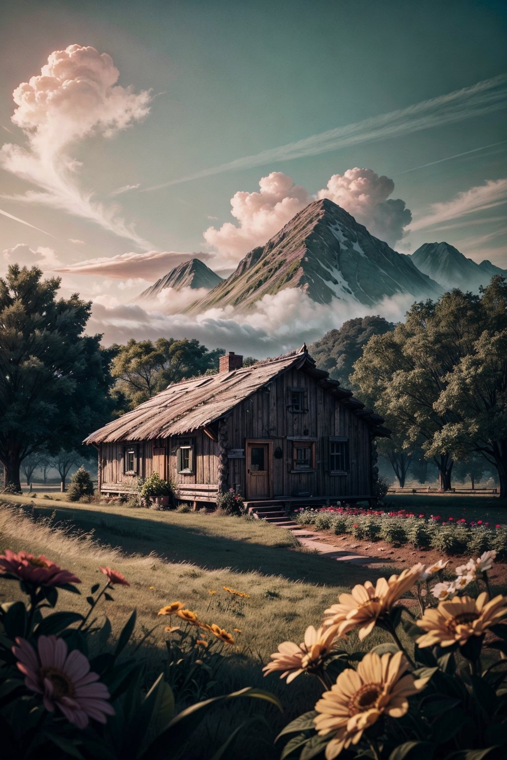 A beautiful small hut, hut's roof covered in a lot of flowers, beautiful clouds, forest, little farm infront of house, vegetable basket near the farm, raw photo, depth of field, UHD, retina, masterpiece, super detail, high details, high quality, award winning, best quality, highres, 1080P, HD, 4K, 8k, 16k, cinematic light, (masterpiece, best quality, ultra-detailed, 8K),

High detailed, Nature,High detailed 