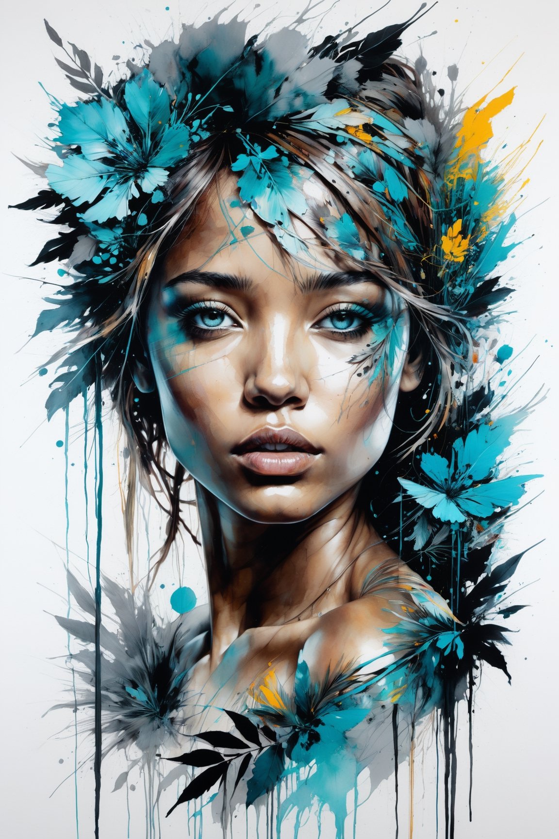 Create a digital masterpiece merging the aesthetics of a Carne Griffiths. grey, black and cyan, (a beautiful young woman  should be embedded within a vibrant, abstract environment reminiscent work, full of bold shapes and vivid hues:1.8), mouth closed, [Enhance the depth and texture of the piece with the inclusion of a black ink spill effect, inspired by Carne Griffiths' style]. This piece should be illuminated and detailed using Unreal Engine, finalized in post-production to reach an elegant 8K UHD resolution, detailmaster2