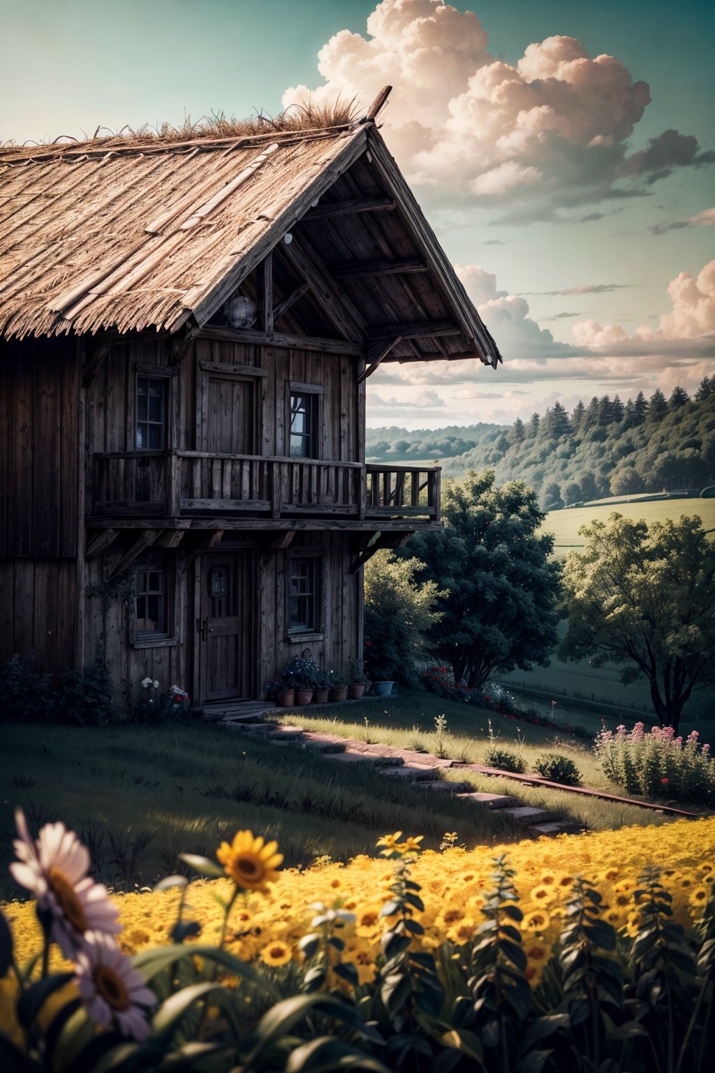 A beautiful small hut, hut's roof covered in a lot of flowers, beautiful clouds, forest, little farm infront of house, vegetable basket near the farm, raw photo, depth of field, UHD, retina, masterpiece, super detail, high details, high quality, award winning, best quality, highres, 1080P, HD, 4K, 8k, 16k, cinematic light, (masterpiece, best quality, ultra-detailed, 8K),

High detailed, Nature,High detailed 