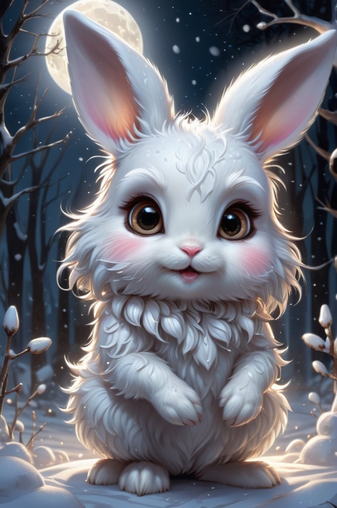 with a full moon casting an eerie glow, intricate snowflakes falling, Highly detailed, Digital painting, Concept art, Sharp focus, Illustration, art by magali villeneuve and greg rutkowski and jason engle, very cute tiny, white rabbit, cute, adorable, friendly, smile, rim lighting, adorable big eyes, small, By greg rutkowski, chibi, Perfect lighting, Sharp focus,

add_more_creative