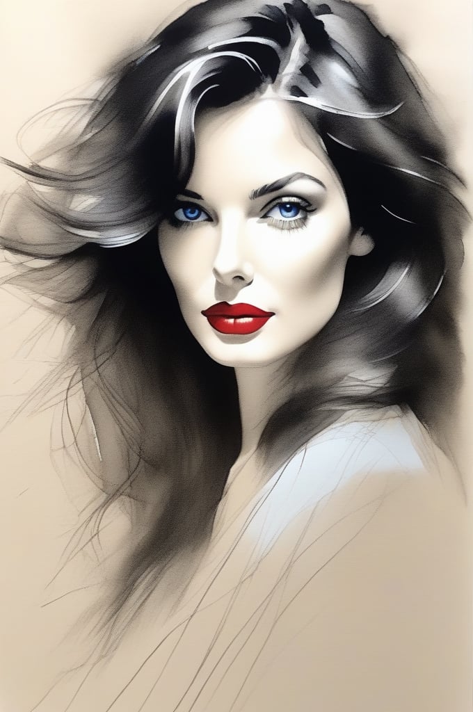 pencil Sketch of a beautiful mature woman 25 years old, with black hair, alluring, portrait by Charles Miano, ink drawing, illustrative art, soft lighting, detailed, more Flowing rhythm, elegant, low contrast, add soft blur with thin line, red lipstick, blue eyes.