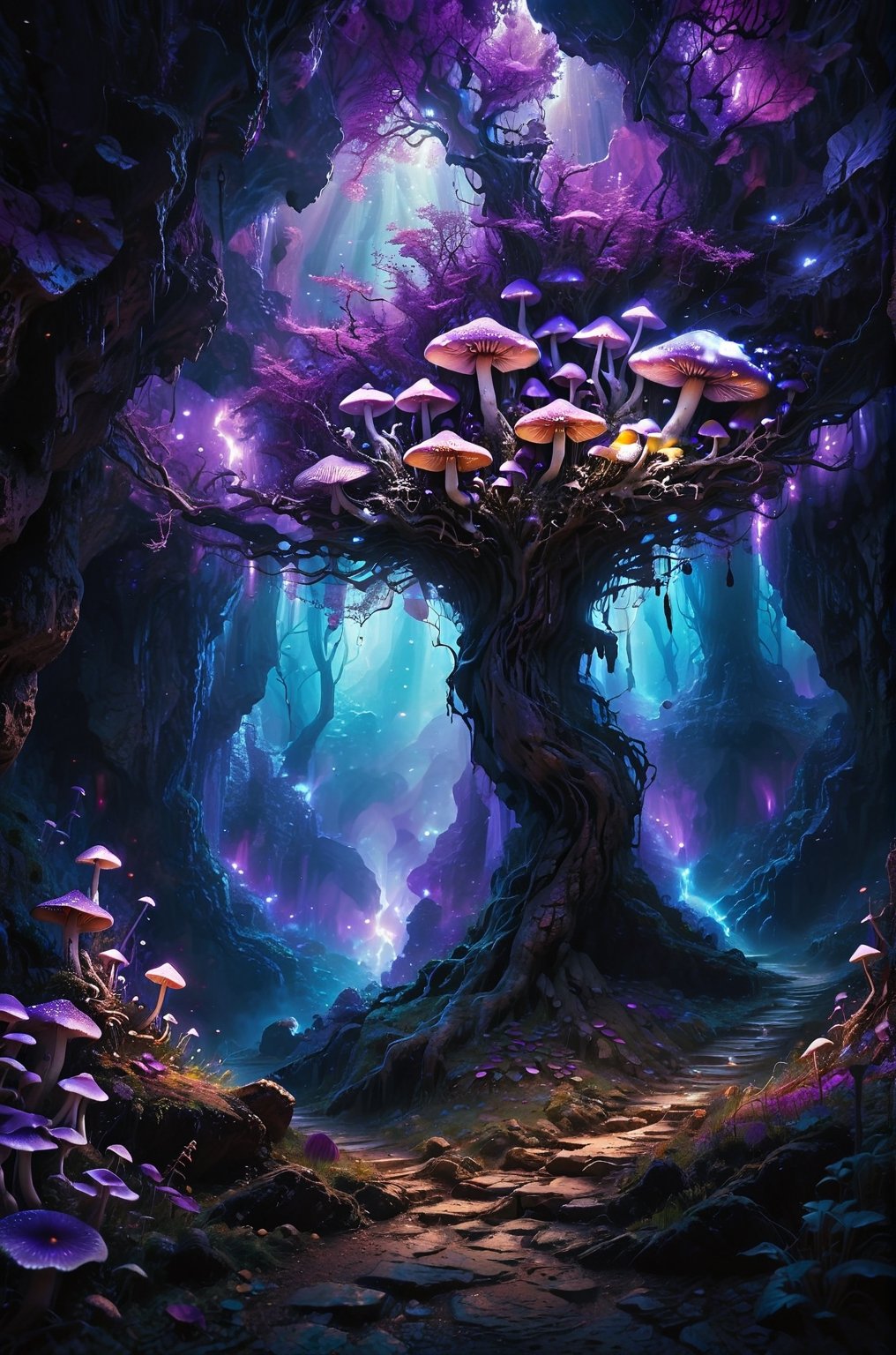 huge dark underground cave, Various purple mushrooms, a huge purple tree at the end of the cave, the roots spread all the way to the top, panoramic view, extremely high-resolution details, photographic, realism pushed to extreme, fine texture, incredibly lifelike perfect shadows, atmospheric lighting, volumetric lighting, sharp focus, focus on eyes, masterpiece, professional, award-winning, exquisite detailed, highly detailed, UHD, 64k,

