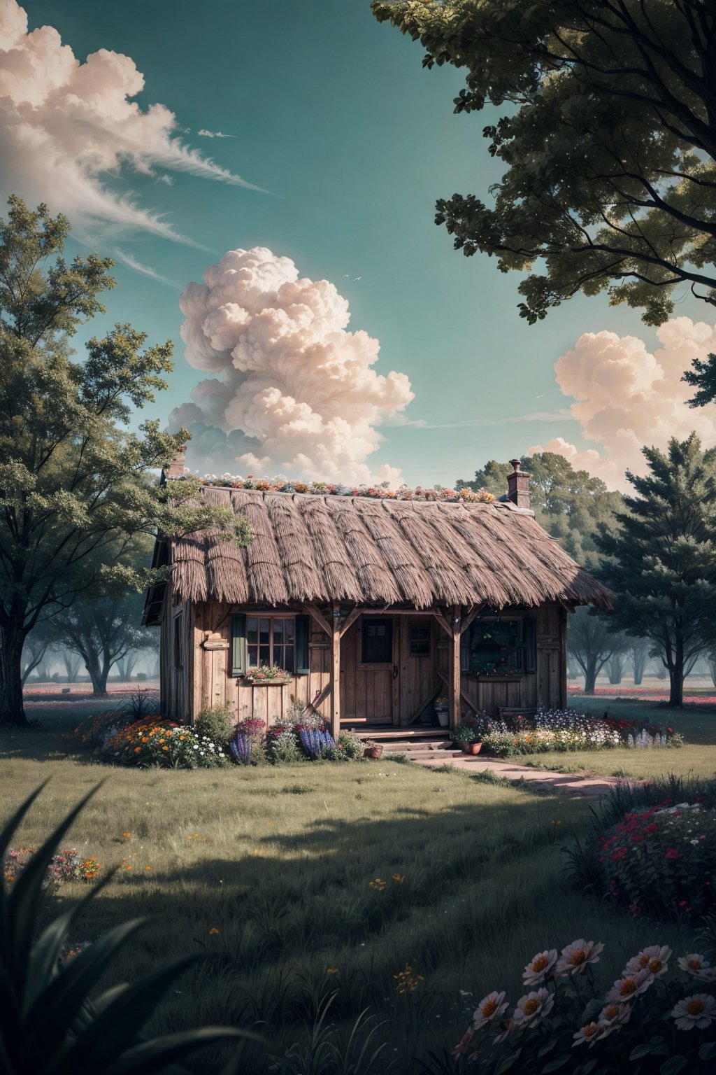 A beautiful small hut, hut's roof covered in a lot of flowers, beautiful clouds, forest, little farm infront of house, vegetable basket near the farm, raw photo, depth of field, UHD, retina, masterpiece, super detail, high details, high quality, award winning, best quality, highres, 1080P, HD, 4K, 8k, 16k, cinematic light, (masterpiece, best quality, ultra-detailed, 8K),

High detailed, Nature,High detailed 