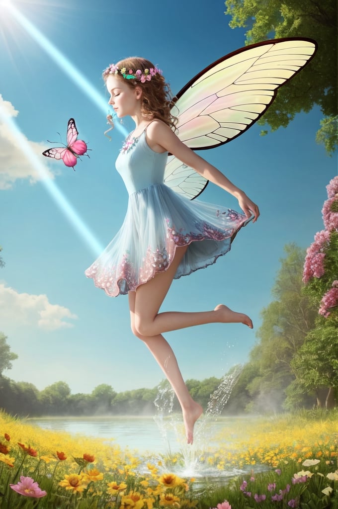 (1girl), fairy_wings, flower_hair_ornament, floral_dress, standing, one leg bent, levitation, look at the ground, light halo, brown light around, fractal, power, strength, flying butterflies, no background, transparent dress, light blue dress, cute, made up, side view , water source, eyes closed