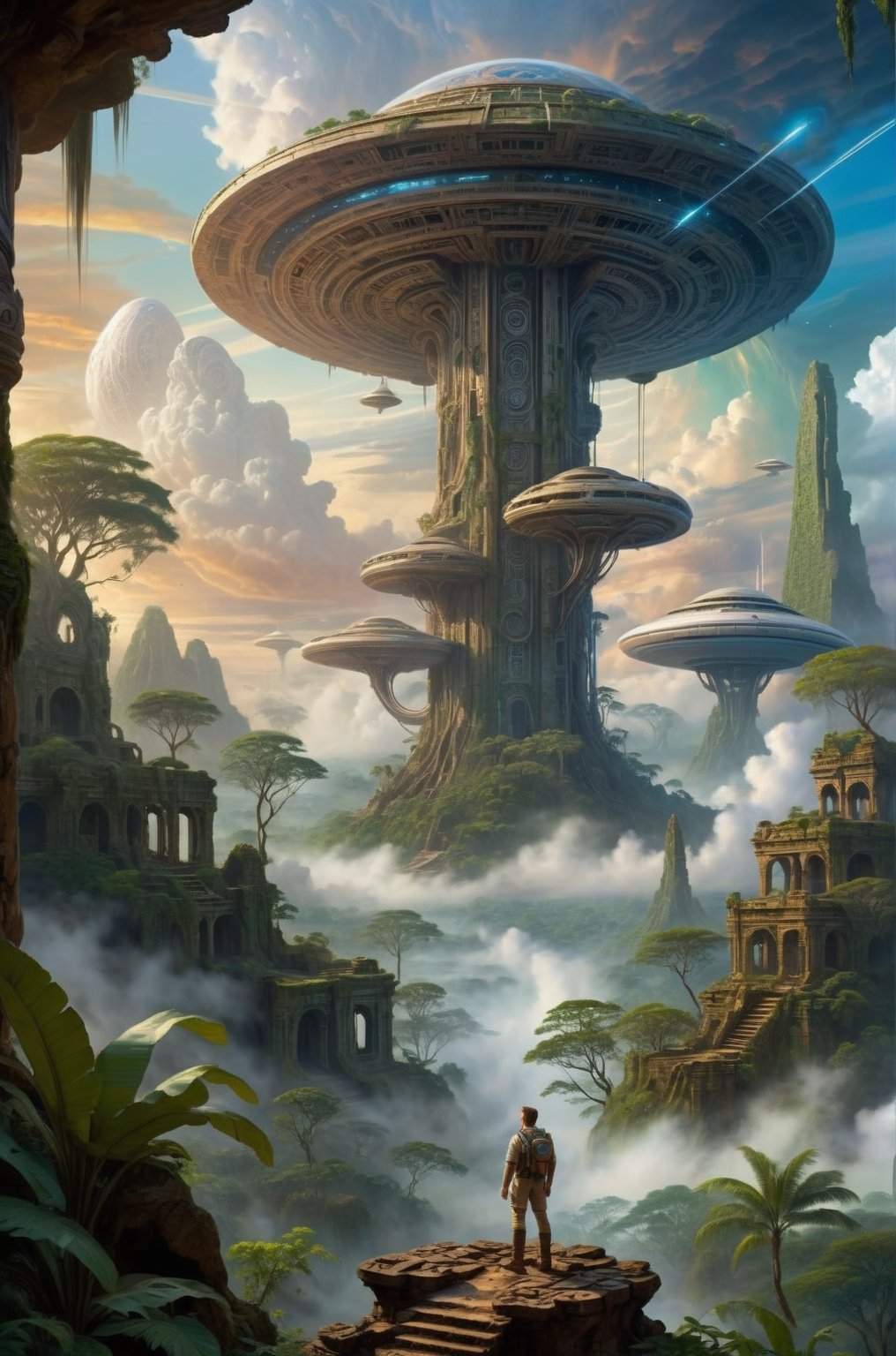 masterpiece, highly detailed, In the heart of the jungle amidst the remnants of a bygone era, the explorer stands amidst the Alien Ruins, he expression a blend of wonder and determination as he contemplates the intersection of Science Fiction and reality, the swirling clouds overhead a symbol of the turbulent journey that lies ahead, Intense contrasts, surreal