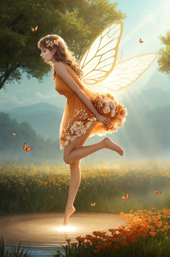 (1girl), fairy_wings, flower_hair_ornament, floral_dress, standing, one leg bent, levitation, look at the ground, light halo, brown light around, fractal, power, strength, flying butterflies, no background, transparent dress, light orange dress, cute, made up, side view , water source, eyes closed