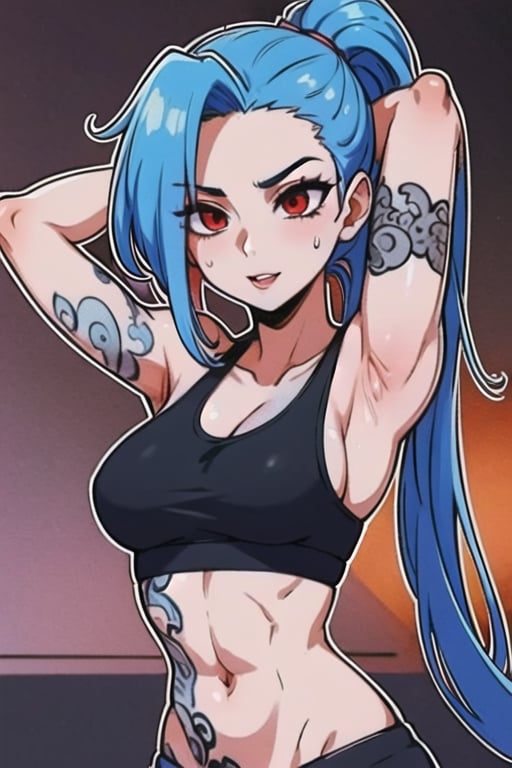 1girl, perfect body, perfect anatomy,perfect breasts, fluffy breasts, perfect hairs(ponytail),  (sports bra black)bra underneath, branded black sports bra, High detailed, sexy navel, sexy abs, hands on her hair, fixing her hairs, sexy armpits, tattoos on her arms, tattooed arms, JinxLol,JinxLol