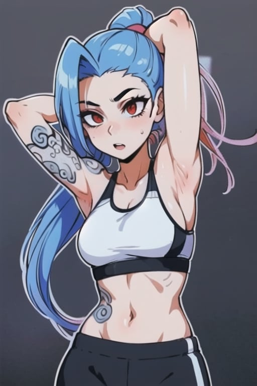 1girl, perfect body, perfect anatomy,perfect breasts (3:2), perfect hairs(ponytail),  (sports bra black)bra underneath, branded sports bra, bra has white outlines, ,High detailed, hands on her hair, fixing her hairs, sexy armpits, tattooed armpits, tattooed arms, JinxLol