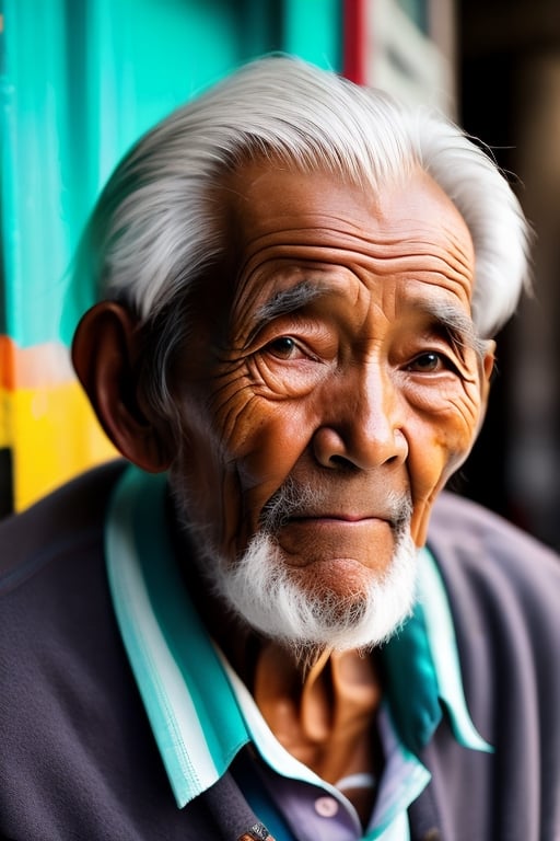 Street photography,greyscale with colored background,old man, Portrait