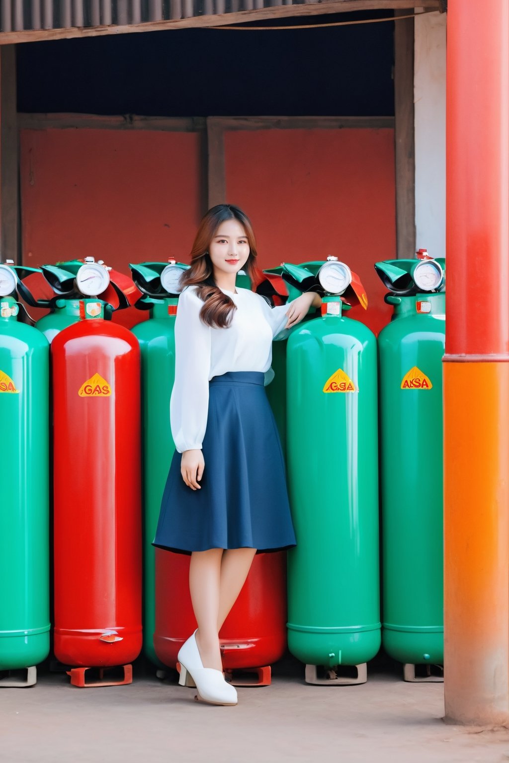 8K, fine picture, wide movie, LenA Asia cute gril, back hair, sold gas cylinders gas store, background is gas cylinders 