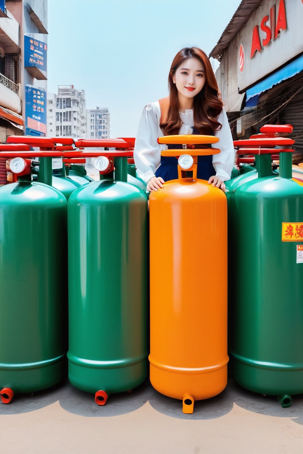 8K, fine picture, wide movie, LenA Asia cute gril, back hair, sold out 5kg gas cylinders gas store, background is city, store street 