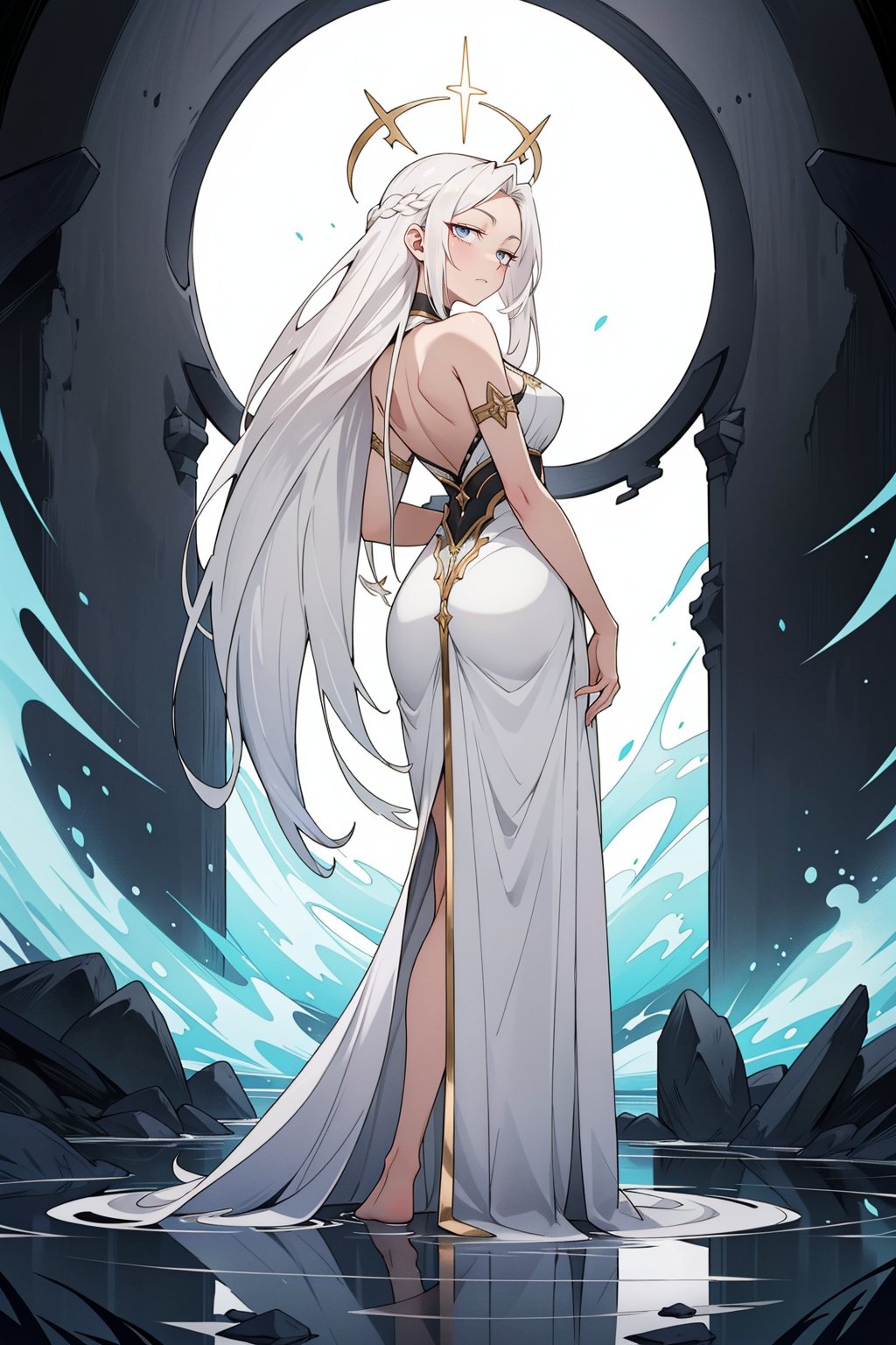 A single, enigmatic figure stands tall, radiating a potent holy aura. Her long, flowing white hair cascades down her back like a river of purity, yet her piercingly shining eyes hint at a subtle darkness beneath. Framed against a misty backdrop, the full-body portrait showcases her statuesque form, exuding a sense of sensual power. Though her exterior appears angelic, the promise of secrets and deceit lurks in the depths of those mesmerizing eyes.