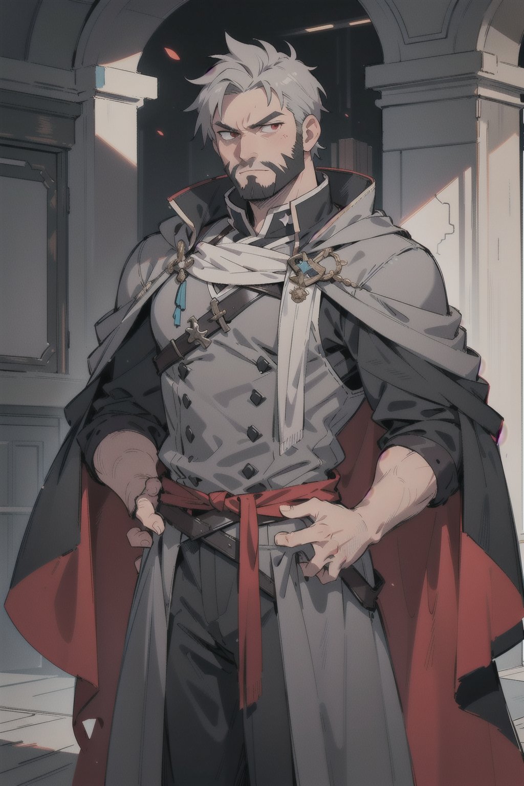 40 years old male, dark short greying hair, red eyes, short greying black beard, noble, duce, strong, strict, emotionless, castle, expensive royal clothes, covered body, hands behind back, wide shoulders, grey haired, hostile look, cloak