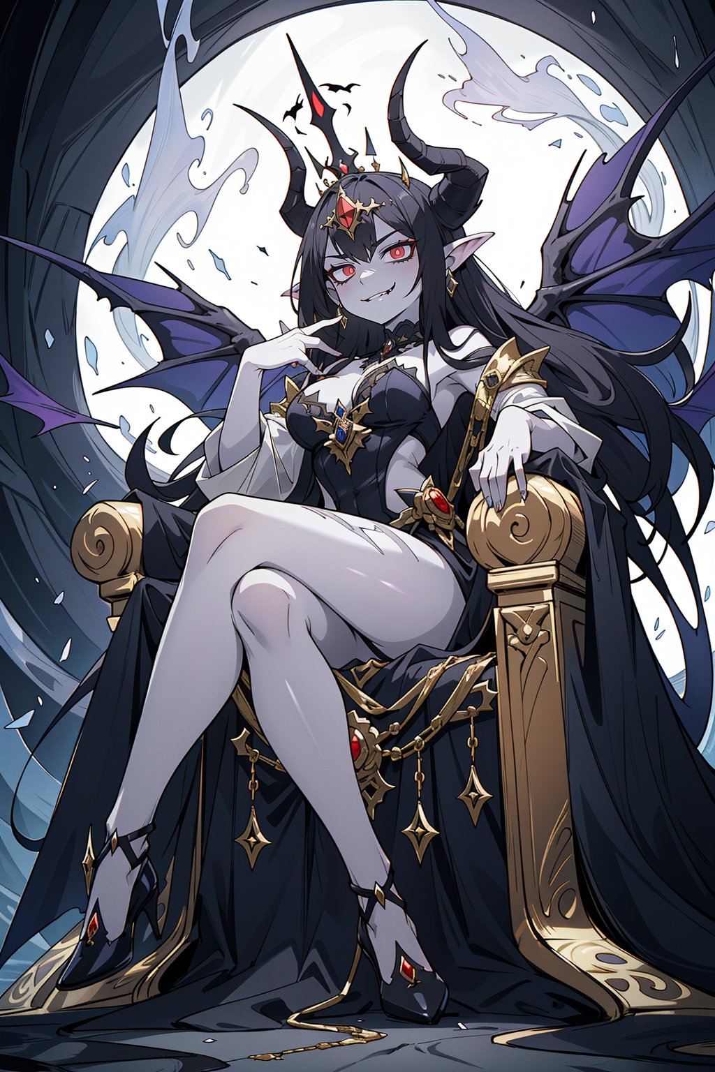 A demonic queen sits majestically upon a dark, ornate throne, her demonic skin glowing with an otherworldly aura. Her horned headpiece appears to be infused with malevolent energy, as she radiates pure evil from every fiber of her being. The camera captures her full figure in high resolution, emphasizing the menacing presence that fills the frame.