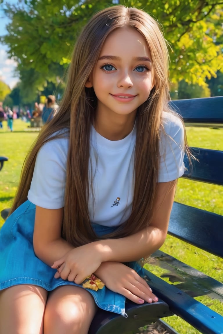 1 girl, Amazing face and eyes, (amazingly beautiful girl),girl A long RANDOM hair, image hyperealism, (masterpiece, best quality, photorealistic, 8k raw photo), light smile colorful, highest detailed, (sitting on the bench in the park), random hairstyle, with blue skies viewed ,REALISTIC