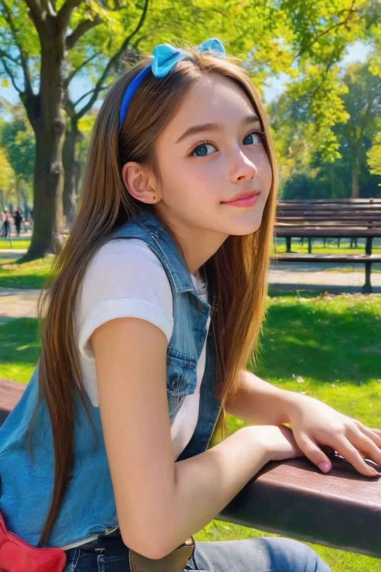 1 girl, 18 yo, Amazing face and eyes, (amazingly beautiful girl),girl A long RANDOM hair, image hyperealism, (masterpiece, best quality, photorealistic, 8k raw photo), light smile colorful, highest detailed, (sitting on the bench in the park), from_behind random hairstyle, with blue skies viewed ((from below)),REALISTIC