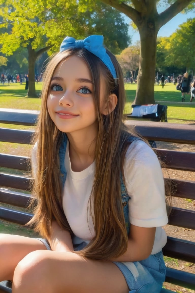 1 girl, Amazing face and eyes, (amazingly beautiful girl),girl A long RANDOM hair, image hyperealism, (masterpiece, best quality, photorealistic, 8k raw photo), light smile colorful, highest detailed, (sitting on the bench in the park), from_behind random hairstyle, with blue skies viewed ((from below)),REALISTIC